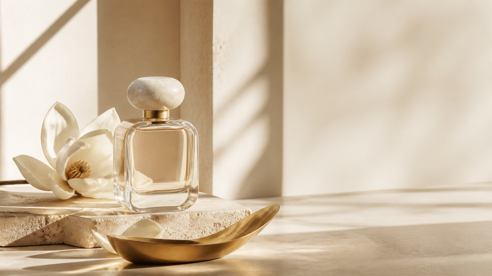 Frasco de perfume em uma composição clara com flores e luz natural